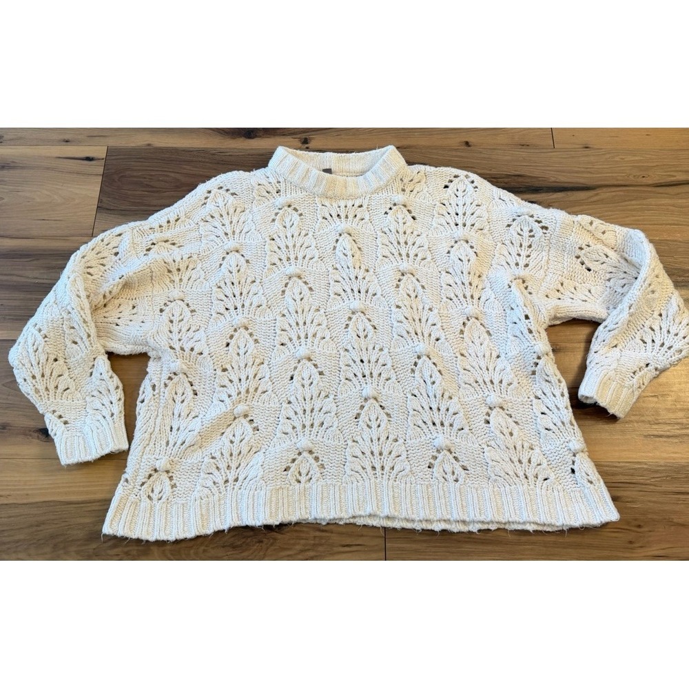 Aerie Cream Chunky Pointelle Knit Sweater XL Boho Cottagecore Open Knit Pullover